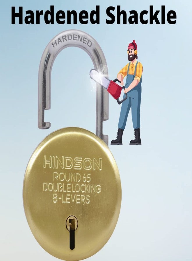 HINDSON Lock and Keys Door Lock for Home Round 65 Padlock with 3 Keys Double Locking 8 Lever gate, Shop Shutter Gold Finish (65mm, Steel, Pack of 2) - Image 2
